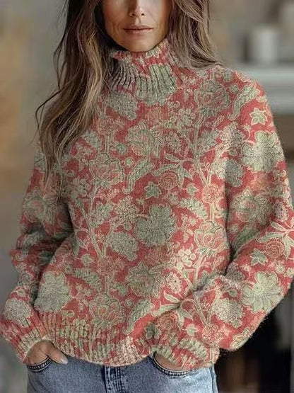 Elegant 3D Floral Print Turtleneck Sweater - Cozy Long Sleeve Pullover