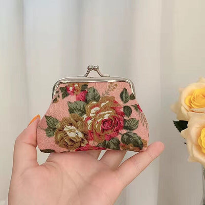Retro Mini Canvas Coin Purse - Vintage Floral Plaid Small Zipper Wallet Organizer