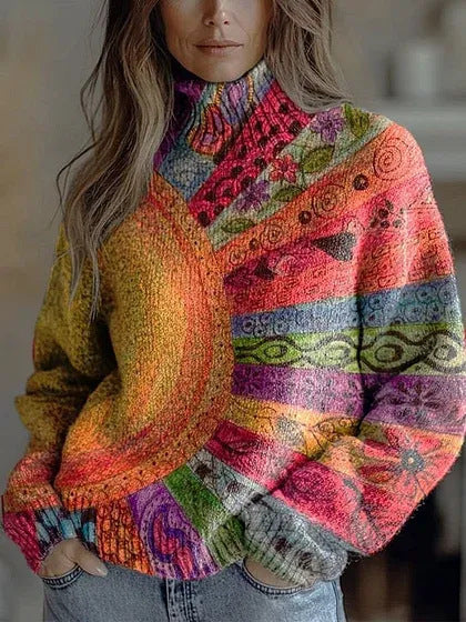Elegant 3D Floral Print Turtleneck Sweater - Cozy Long Sleeve Pullover