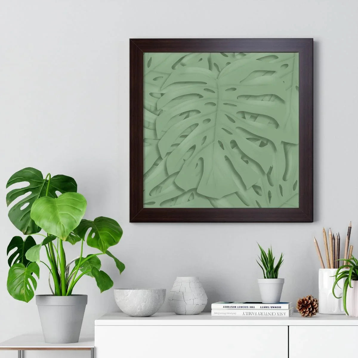 Sage Green Monstera Framed Print – Botanical Wall Art
