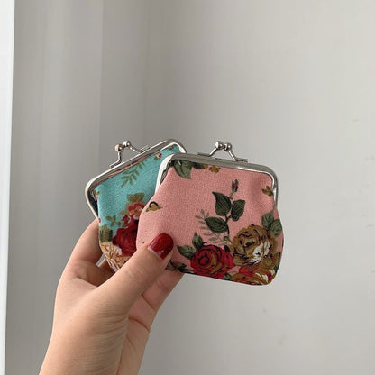 Retro Mini Canvas Coin Purse - Vintage Floral Plaid Small Zipper Wallet Organizer