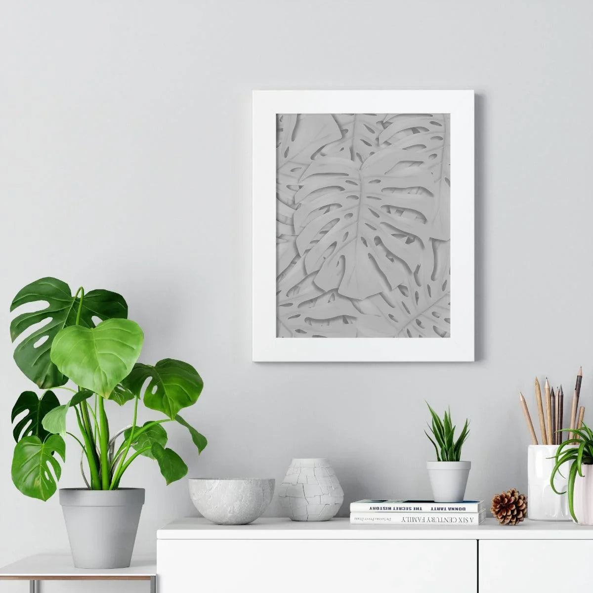 Soft Grey Monstera Framed Print – Botanical Wall Art
