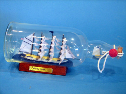 Blue Flying Cloud Ship in a Glass Bottle 11""