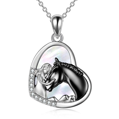 Sterling Silver Heart Pendant Necklace Embracing Horse Design