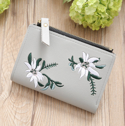 Women's Embroidered PU Leather Zipper Wallet - Slim Korean Style Floral Coin Purse