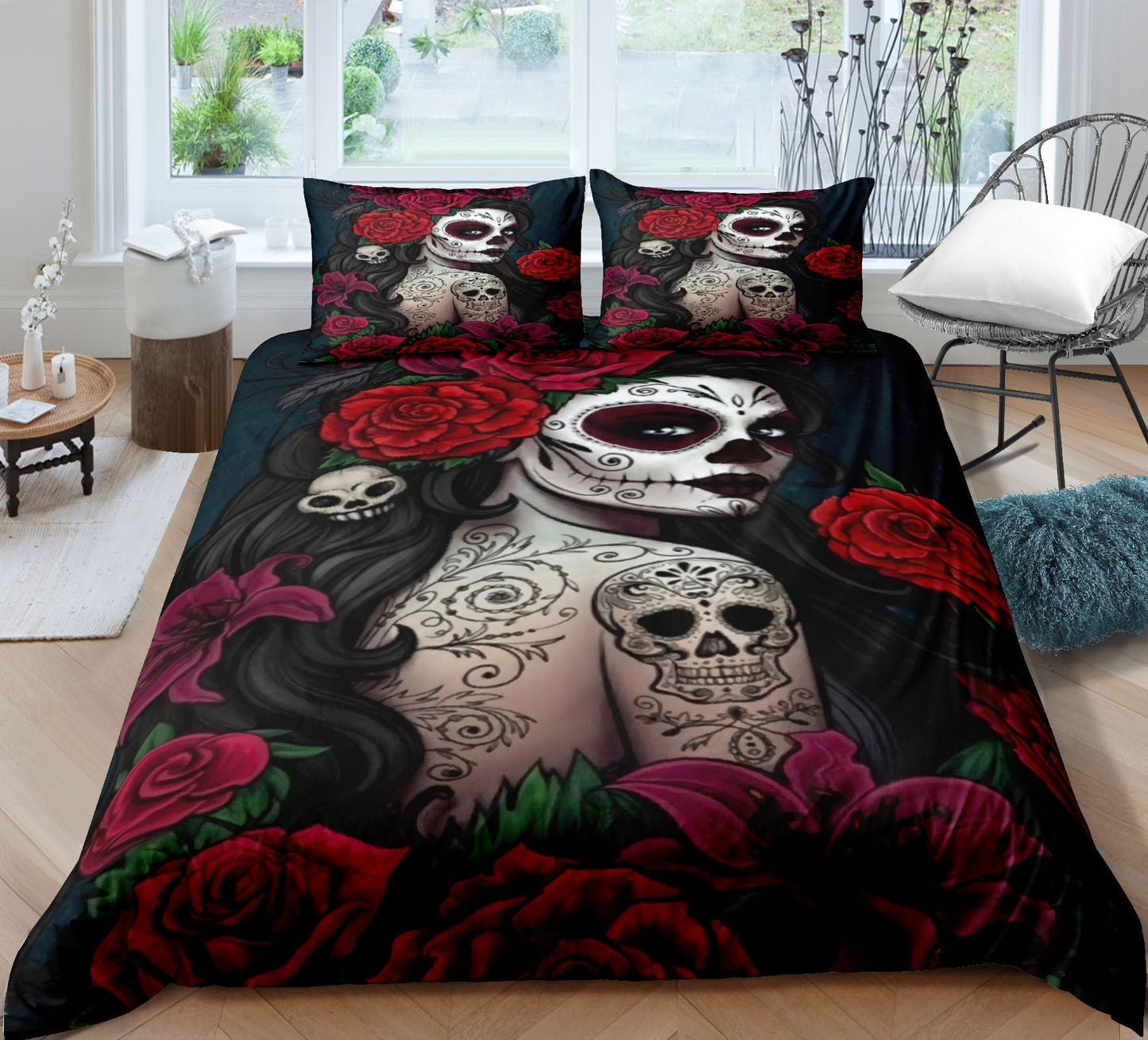 Fashion Skull 3D Digital Printing Skull Three-piece Set Bed Sheet Quilt Cover Pillowcase