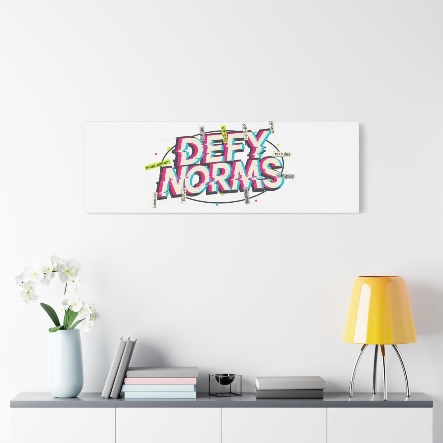 Defy Norms Canvas, Anti-Aesthetic Glitch Typography, Brutalist Poster Style