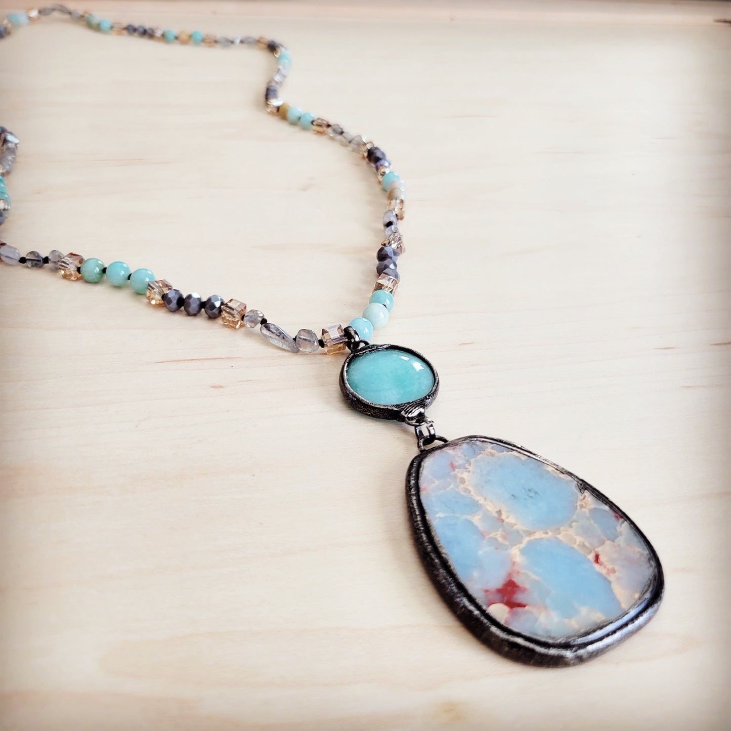 **Amazonite & Crystal Long Beaded Necklace w/ Large Jasper Pendant 262q