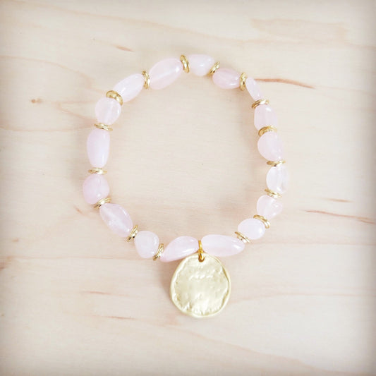 **Rose Quartz Beaded Stretch Bracelet w/ Gold Coin Charm 811u