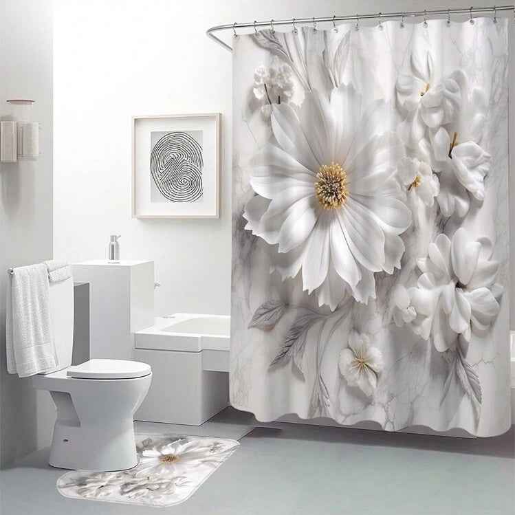 Simple Floral Pattern Waterproof Shower Curtain Suit