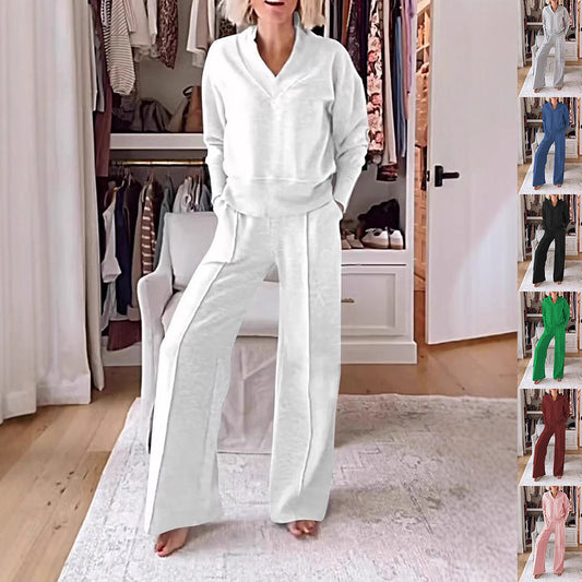 Women's Pullover Suit Casual Collared Long-Sleeved V-neck Top And Loose Straight-Leg Pants Fashion Sweatshirt Sport Trousers Set