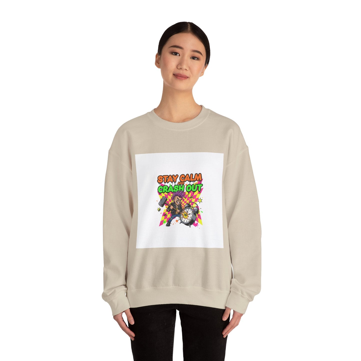 Stay Calm Crash Out Crewneck Sweatshirt | neon graffiti, meltdown design
