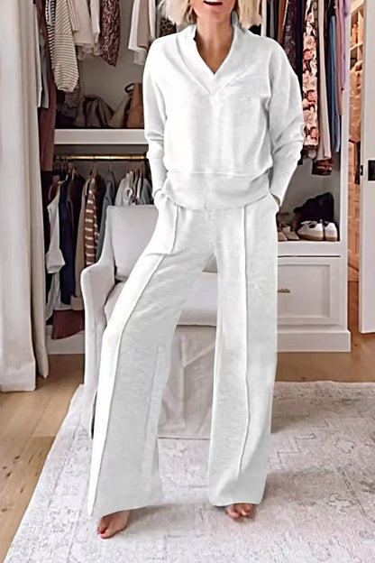 Women's Pullover Suit Casual Collared Long-Sleeved V-neck Top And Loose Straight-Leg Pants Fashion Sweatshirt Sport Trousers Set