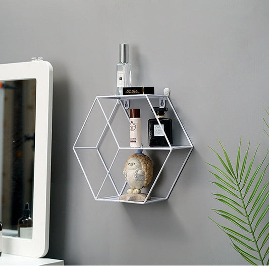 Hexagon Metal Wall Shelf - 3-Tier Industrial Iron Geometric Floating Storage Rack