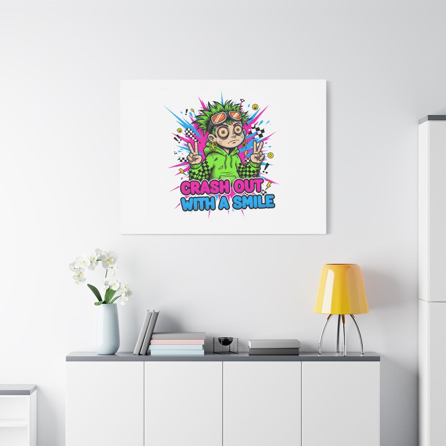 Crash Out With a Smile Canvas Print | Neon Skate Graffiti, Meme Meltdown Art