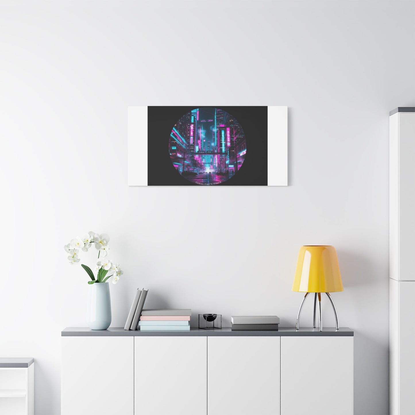 Neon Cyberpunk Cityscape Canvas | synthwave skyline, future city art