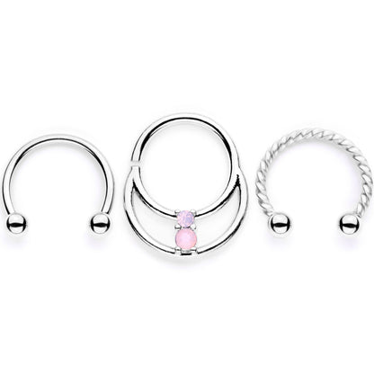 16G 3/8 Pink Faux Opal Twisted Horseshoe Closure Ring Set