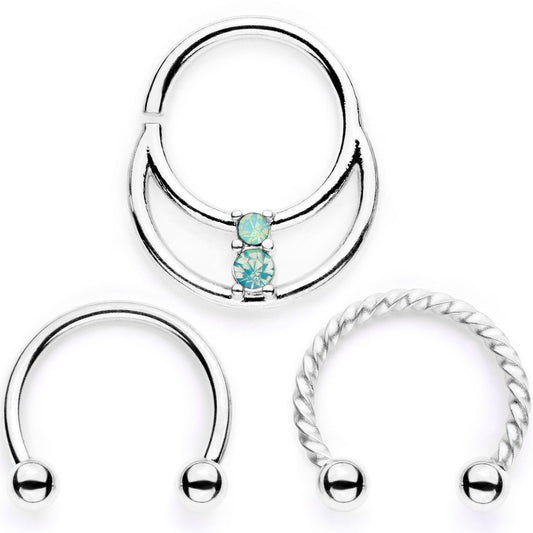 16G 3/8 Teal Faux Opal Twisted Horseshoe Closure Ring Set