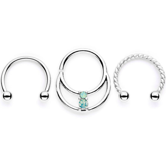 16G 3/8 Teal Faux Opal Twisted Horseshoe Closure Ring Set