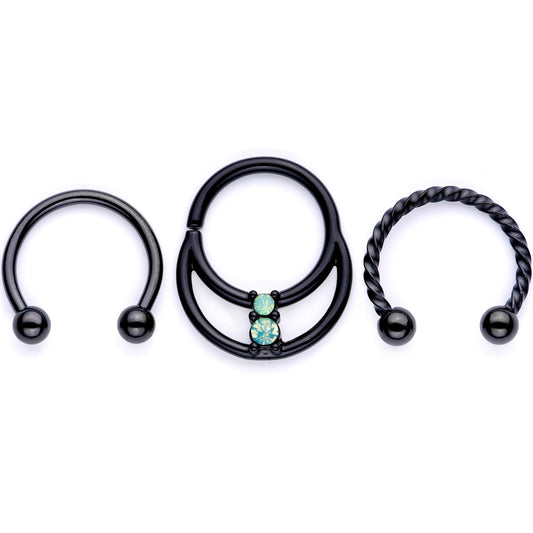 16G 3/8 Teal Faux Opal Black Anodized Horseshoe Closure Ring Set
