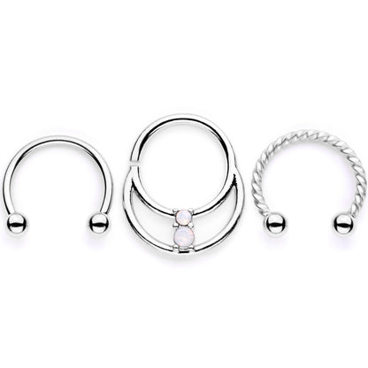 16G 3/8 White Faux Opal Twisted Horseshoe Closure Ring Set