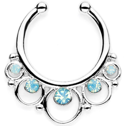 16G Teal Faux Opal Twisted Horseshoe Clip On Fake Septum Ring Set