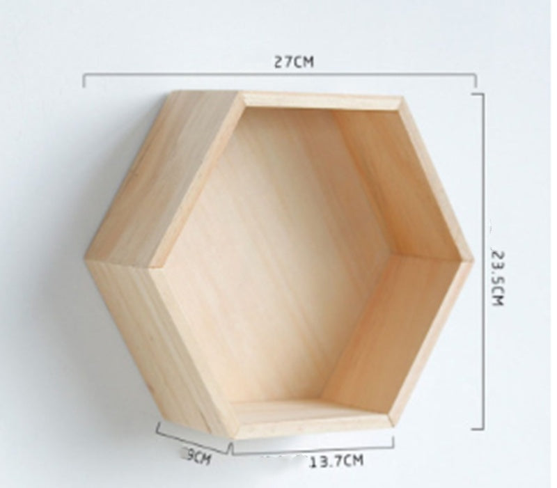 Nordic Hexagon Solid Wood Wall Shelf - Geometric Floating Decorative Display Rack