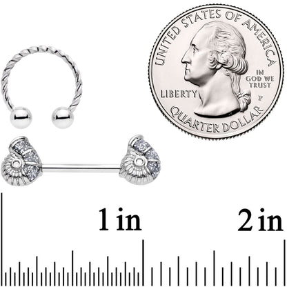 14G 1/2 9/16 Seashell Twisted Horseshoe Nipple Jewelry Set