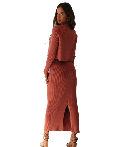 Knitting fashion color sweater dress split skirts