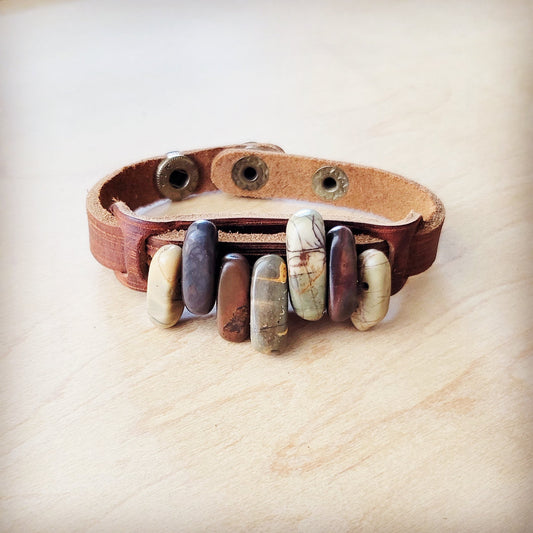 Genuine Leather Narrow Cuff with Picasso Jasper Stones 005h