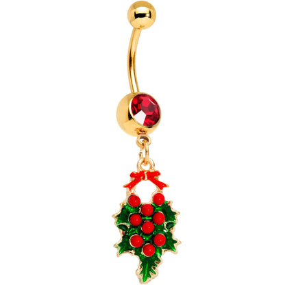 Red Gem Gold Tone Holiday Holly Wreath Dangle Belly Ring