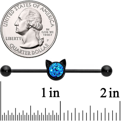 14G Blue Faux Druzy Black Hey Kitty Cat Industrial Barbell 38mm