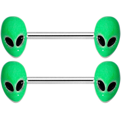 14G 9/16 Green Glow in the Dark Aliens Barbell Nipple Ring Set