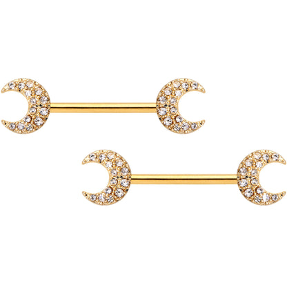 14G 9/16 Clear Gem Gold Tone Crescent Moon Barbell Nipple Ring Set