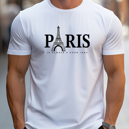 Men's Paris Eiffel Tower Graphic Tee - Casual Crew Neck, Short Sleeve T-Shirt with Stretch Fabric, Machine Washable - Summer Essential
