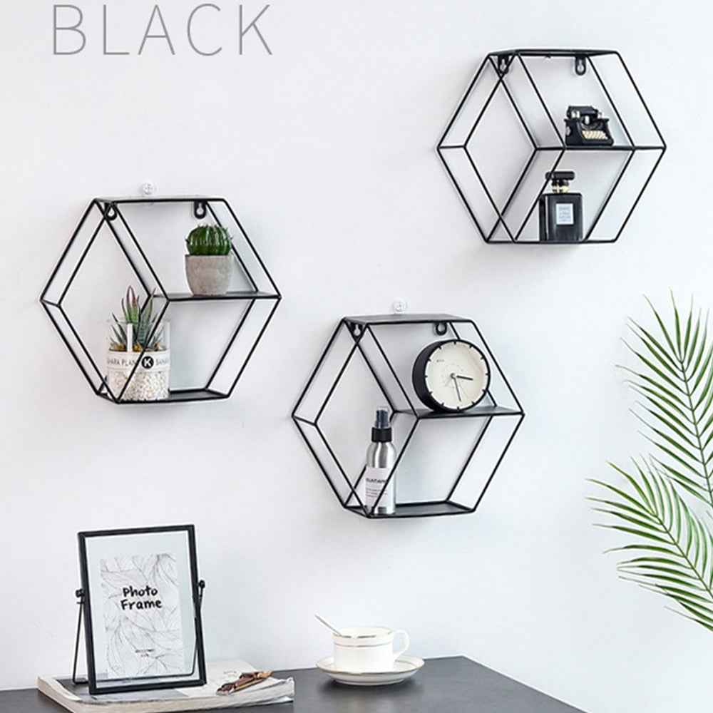 Hexagon Metal Wall Shelf - 3-Tier Industrial Iron Geometric Floating Storage Rack