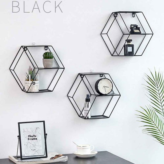 Hexagon Metal Wall Shelf - 3-Tier Industrial Iron Geometric Floating Storage Rack