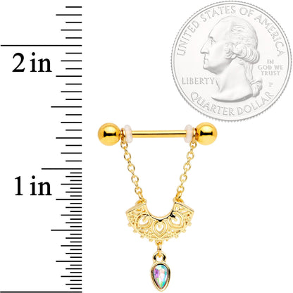 14G 9/16 Aurora Gem Gold Tone Fan Dangle Barbell Nipple Ring Set