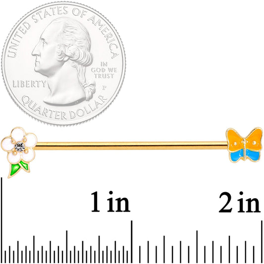 14G Multicolor Gold Tone Butterfly Flower Industrial Barbell 38mm
