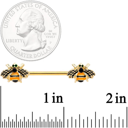14G 9/16 Black Gem Gold Tone Bumblebees Barbell Nipple Ring Set