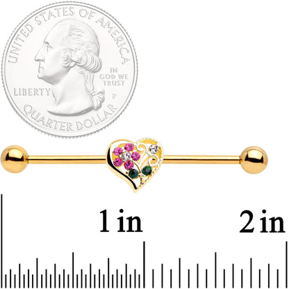 14G Clear Pink Gem Flower Heart Gold Tone Barbell Industrial