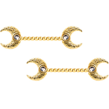 14G Clear Gem Gold Tone Witch Moon Barbell Nipple Ring Set