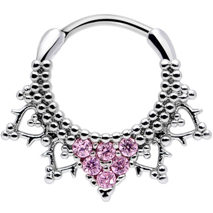 16G 3/8 Pink CZ Gem Triangle Ornate Septum Clicker