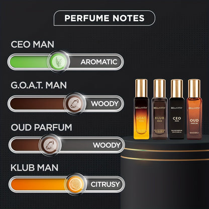 Bella Vita Luxury Long Lasting Perfume Gift Set for Man | 4x0.68oz | Gifts for Men | Woody, Citrusy, Oud, Premium Fragrance Scent | KLUB, OUD, CEO, G.O.A.T