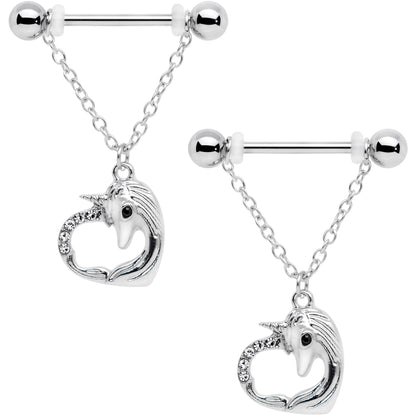 14G 5/8 Clear Gem Unicorn Heart Dangle Barbell Nipple Ring Set