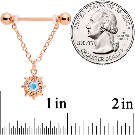 14G 5/8 Aurora Gem Rose Gold Tone Moon Sun Dangle Nipple Ring Set
