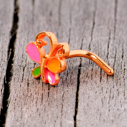 18G 1/4 Pink Orange Rose Gold Tone Butterfly L Shaped Nose Ring