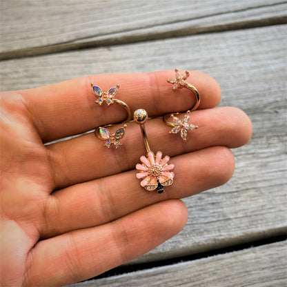 14G Clear Gem Rose Gold Hue Star Flower Spiral Twister Belly Ring