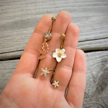 Clear CZ Gem Rose Gold Tone Trio Butterfly Dangle Belly Ring