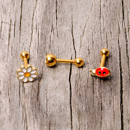 16G 1/4 Clear Gem Gold Tone Ladybug Cartilage Tragus Set of 3